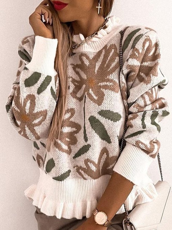 Color-block Floral Long Sleeve Plus Size Casual Women Sweater