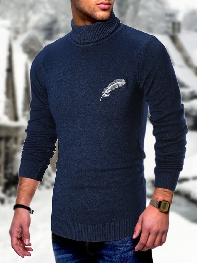 Men's High Neck Slim Feather Graphic Long Sleeve Sweater