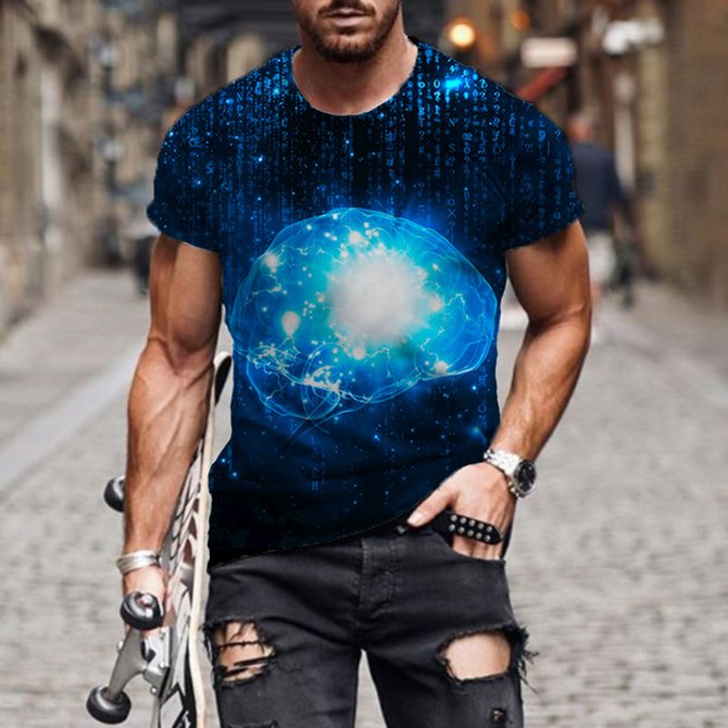 Casual 3D digital science fiction electronic brain print T-shirt