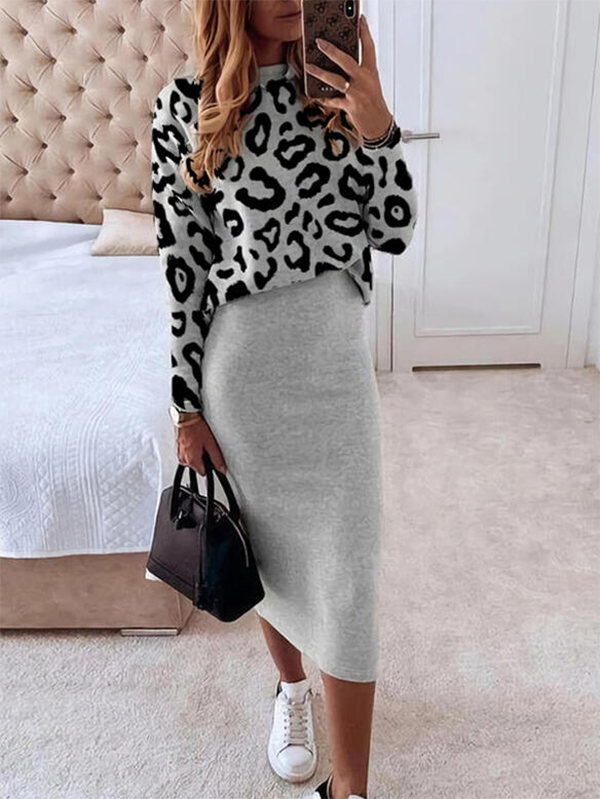 Casual Leopard Crew Neck Long sleeve Suits