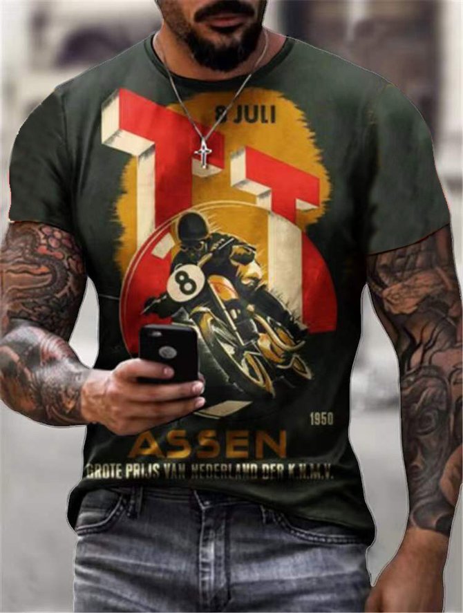 Casual round neck street motorcycle print top T-shirt