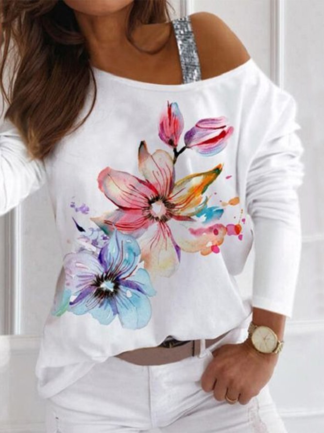 Floral Pattern Long Sleeves Off Shoulder Sequins Plus Size Casual Tops