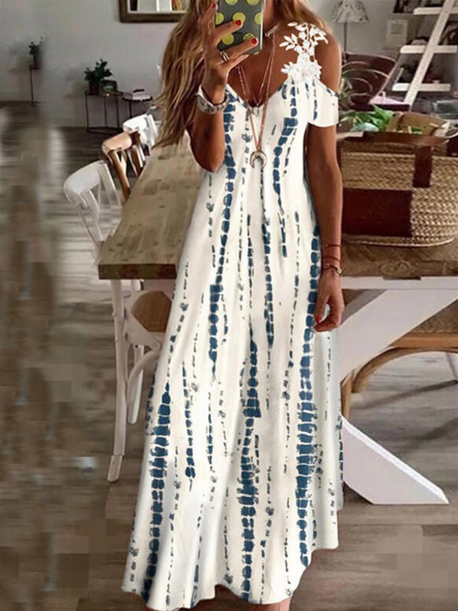 Cotton Blends Striped V Neck Dresses