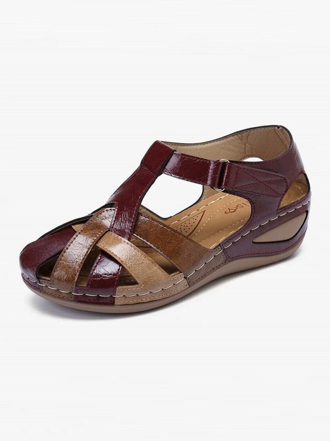 Faux Leather Vintage Contrast Comfortable Velcro Sandals | noracora