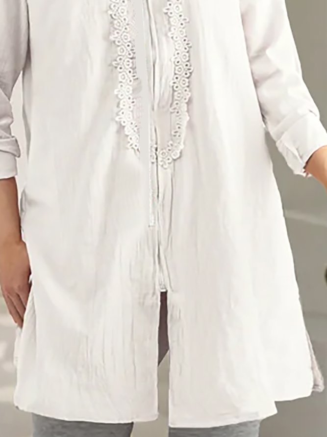 Solid Long Sleeves Lace Loosen Mid-long Tunic White Shirts & Tops