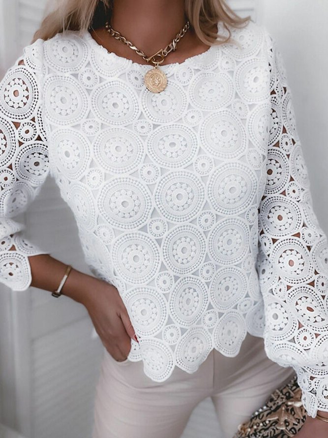 Casual Lace Long Sleeve Round Neck Plus Size Tops