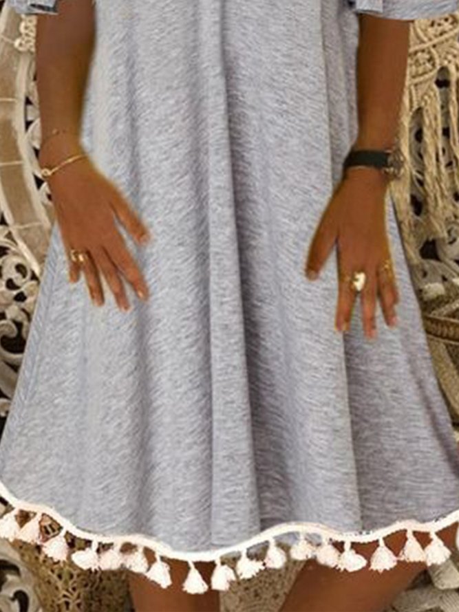 Plain Lace Tassel Short Sleeve Off Shoulder Cold Shoulder Plus Size Casual Dresses