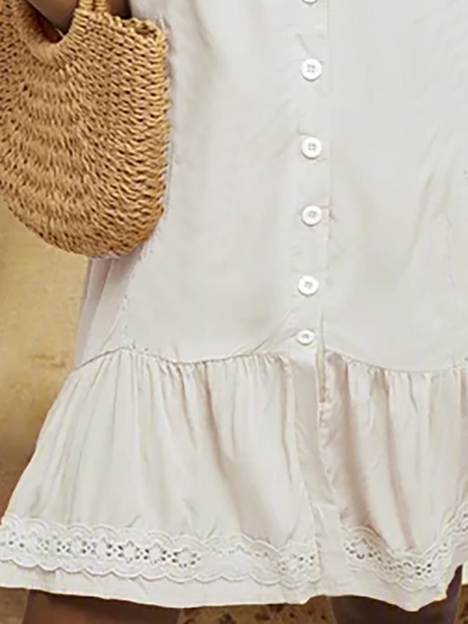 Cotton Blends Solid Frill Sleeve Casual Loosen Lace White Dresses