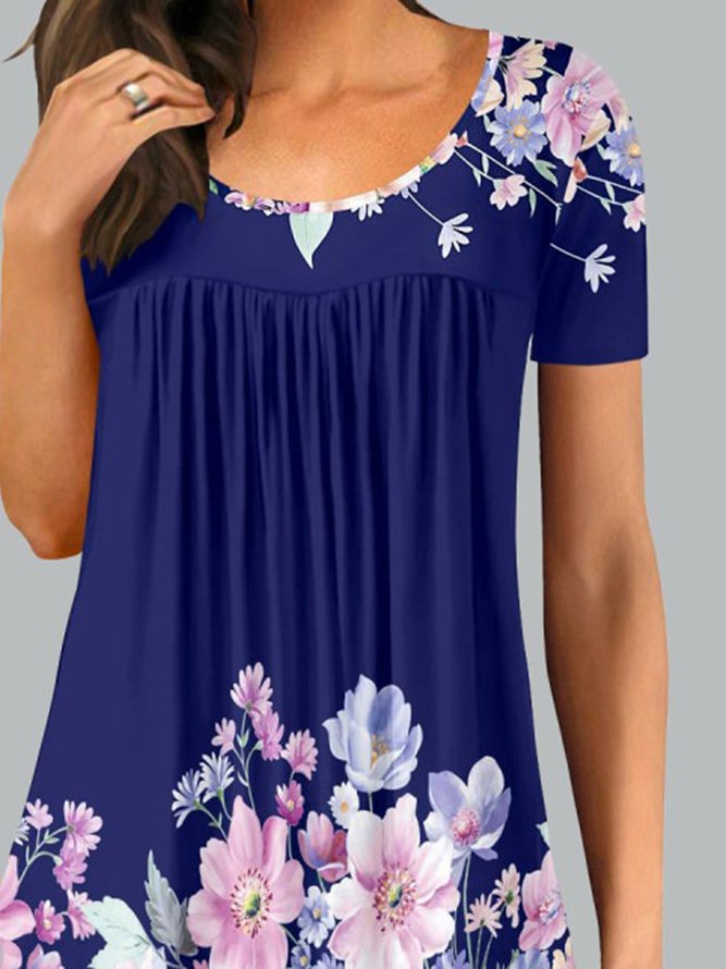 Floral Printed Casual Loosen Round Neck Shirts & Tops