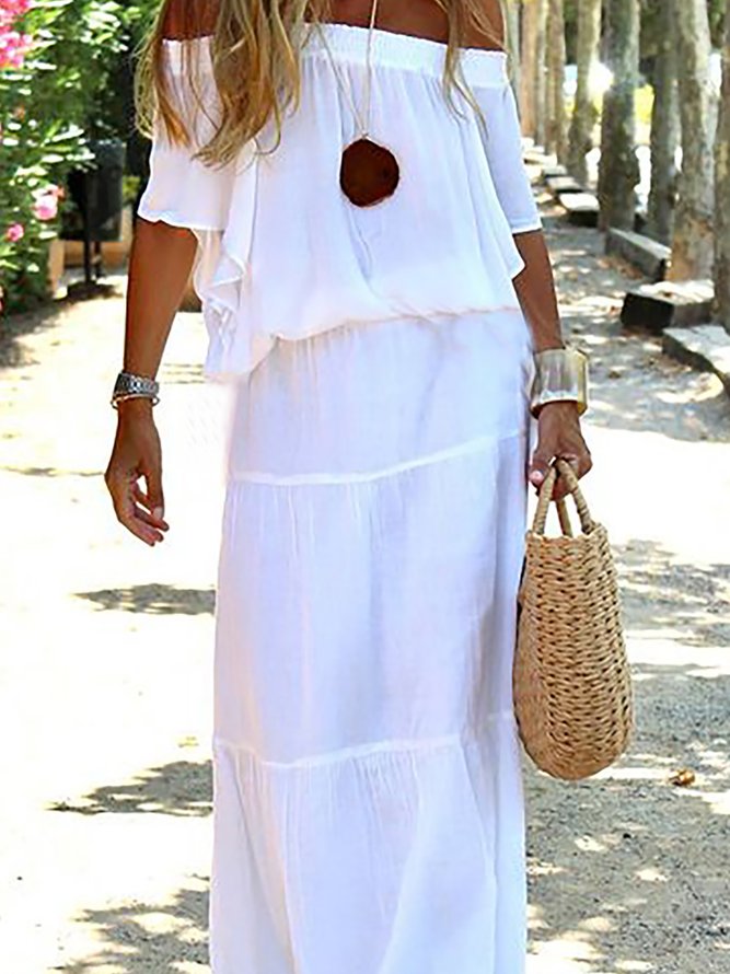 Boat Neck Loosen Casual Solid White Wedding Maxi Short sleeve Woven Dress