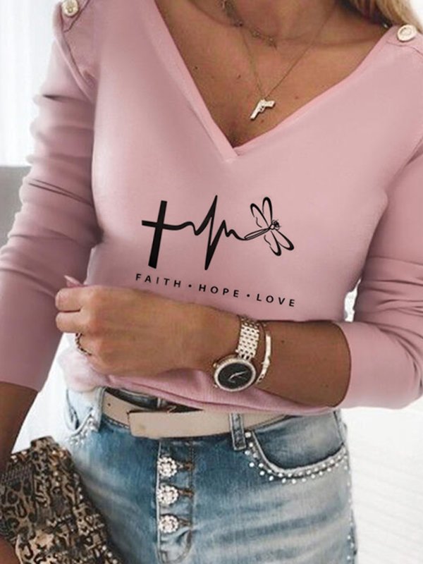 Long sleeve Letter V neck Casual Buttoned Long Sleeve T-shirt
