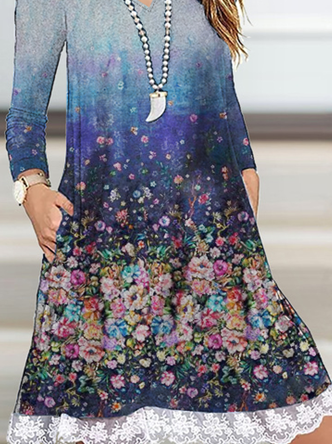 Loose V Neck Cotton Blends Romantic Ombre Floral Long sleeve Knit Dress