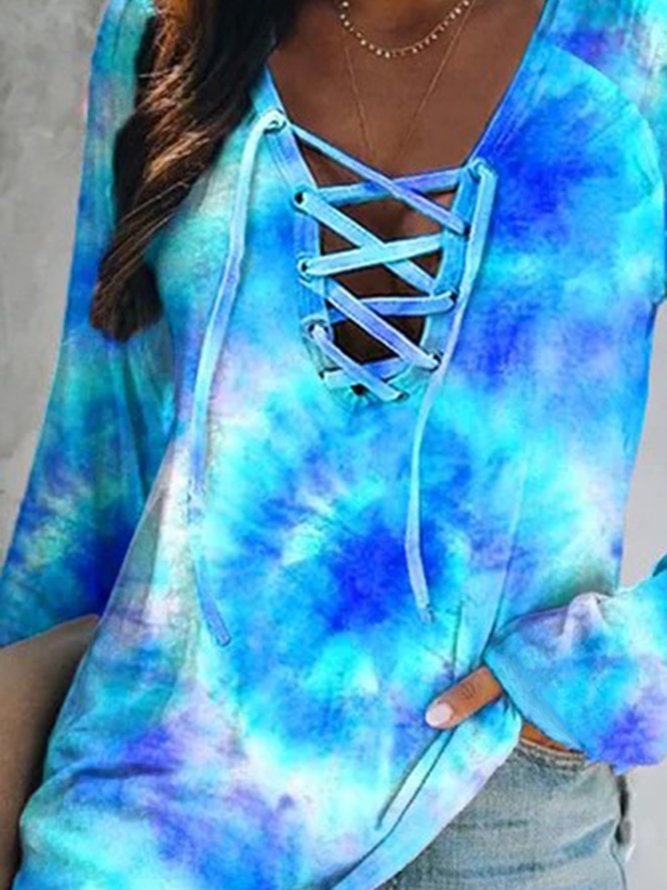 Tie Dye V Neck Loosen Casual Lace-up Shirts & Tops