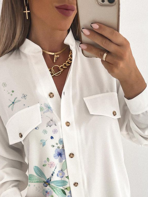 Floral Stand Collar Loosen Long Sleeve Blouse
