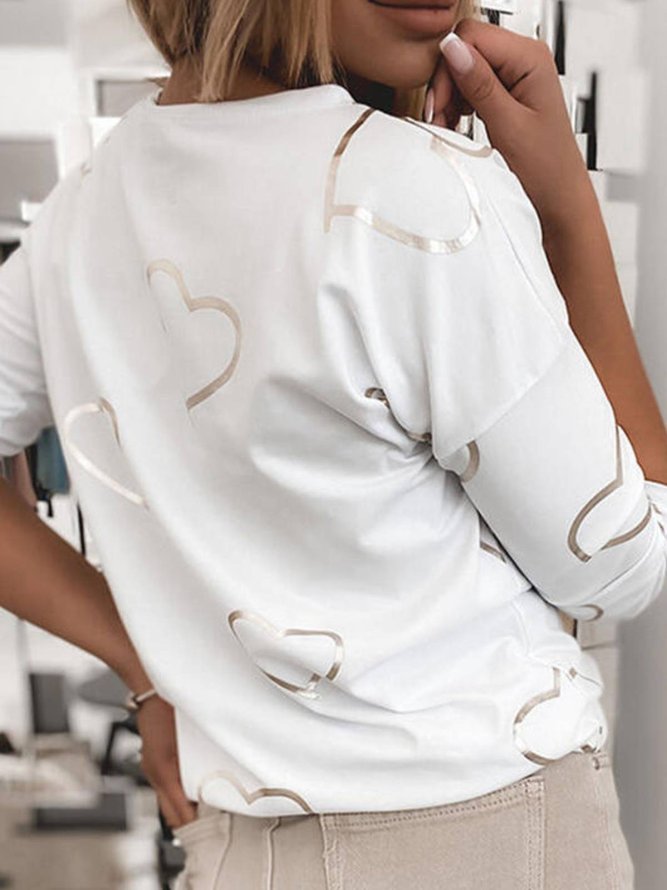 Casual Round Neck Heart Long Sleeve T-shirt