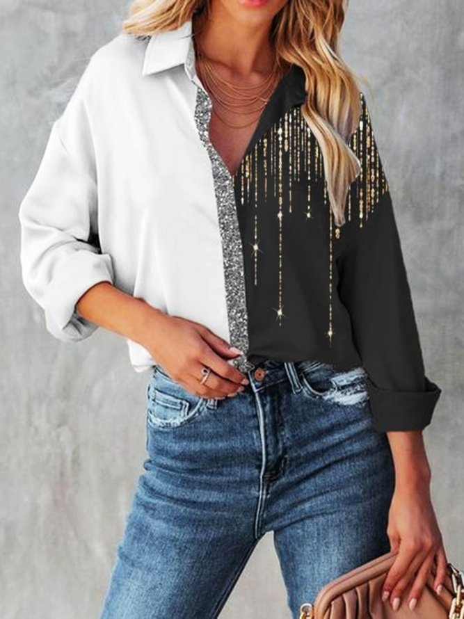 Sequins Glitter-finished Color Block Shirt Collar Casual Loosen Long Sleeve Blouse