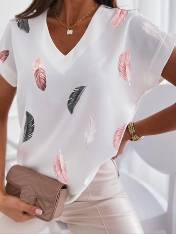 Feather Casual V Neck Short sleeve Short sleeve tops