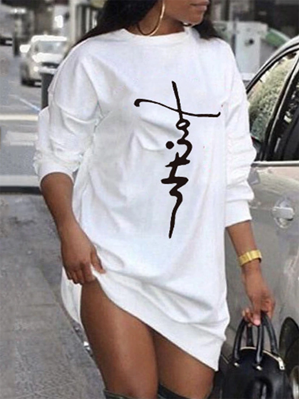 Letter Long sleeve Crew Neck Casual Long sleeve Knit Dress