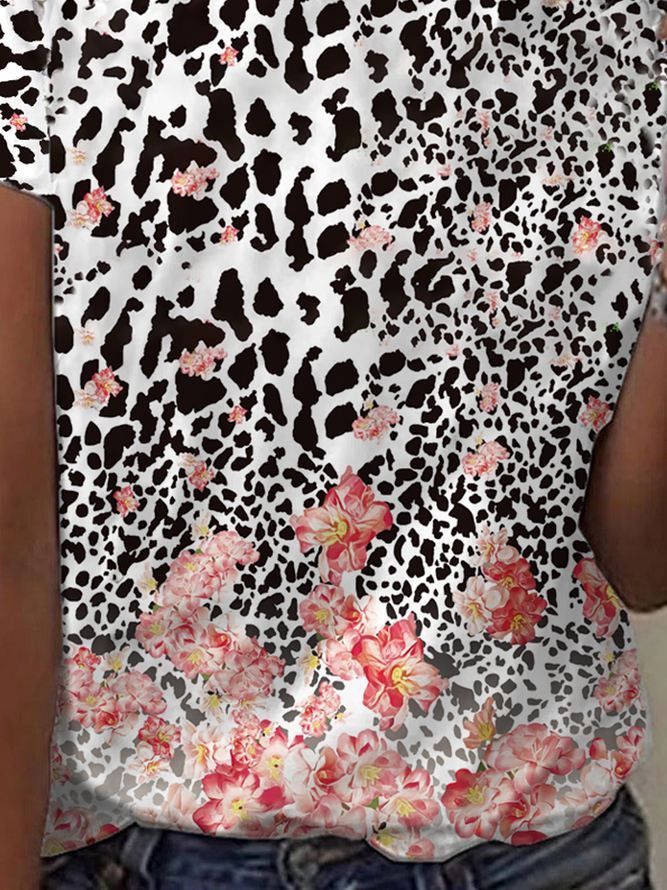 Loosen Boho Leopard Floral Cotton Blends Crew Neck Short Sleeve T-shirt