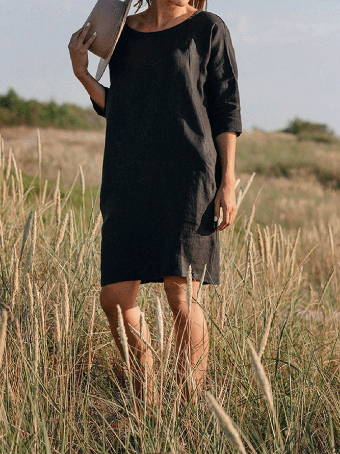 Cotton Linen Loose Casual Knee-Length Long Sleeve Dress