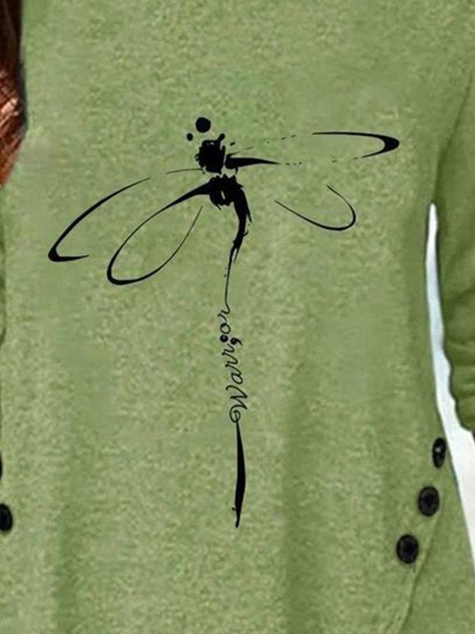 Dragonfly Printed Long Sleeve Crew Neck Plus Size Casual Tops