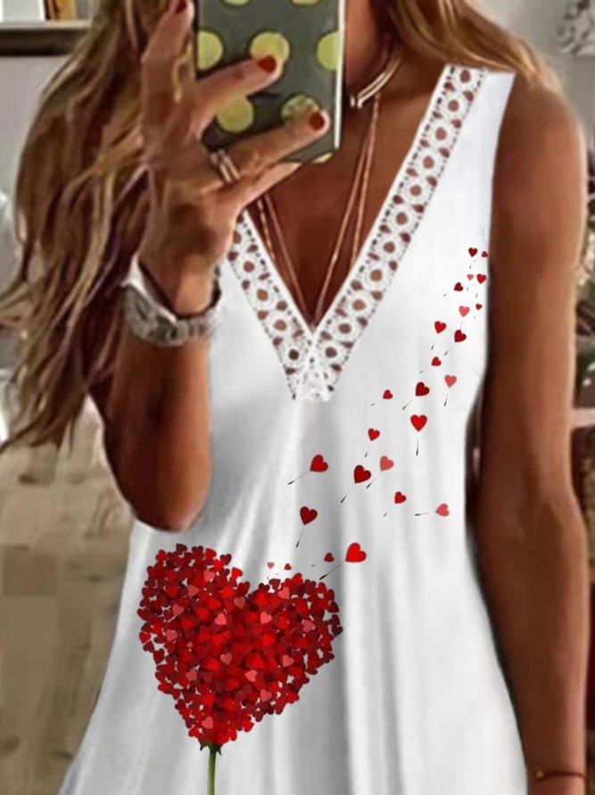 Casual Heart Sleeveless V Neck Plus Size Printed Tank Top Vests