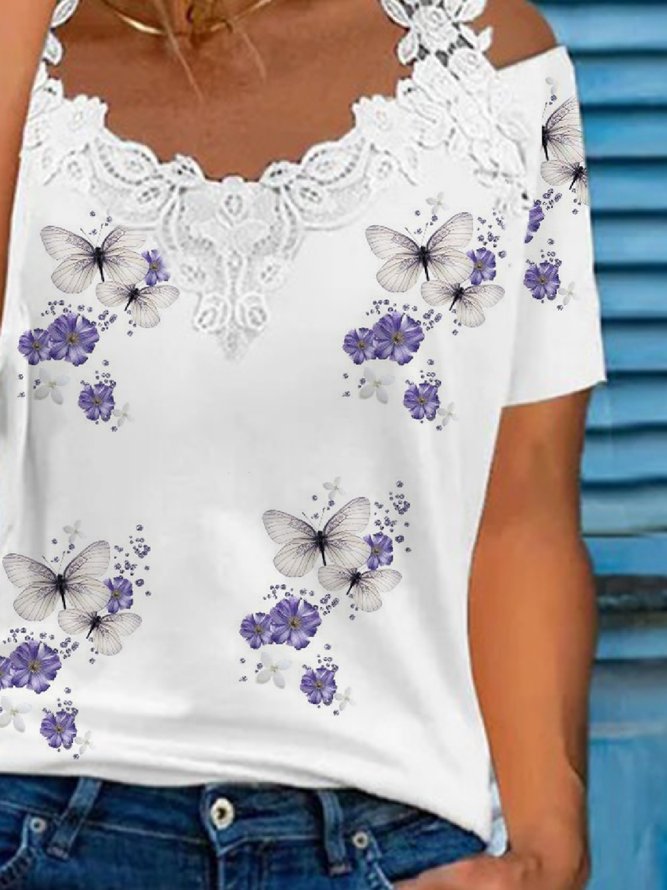 Women's Lace V Neck Printed Short Sleeve Casual T-Shirt