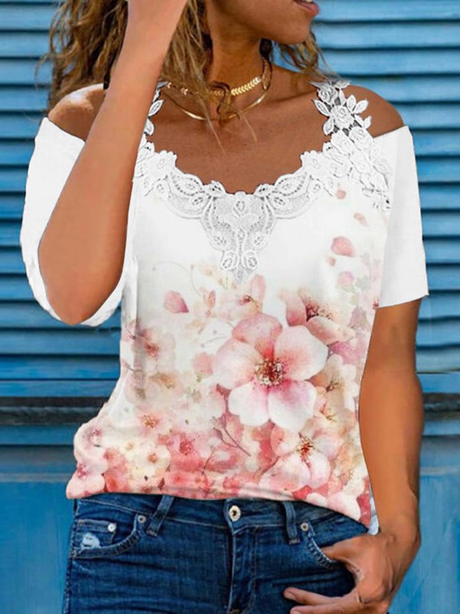Women's Lace V Neck Floral Printed Short Sleeve Casual T-Shirt