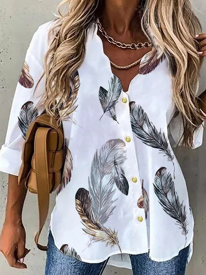 Feather V Neck Long Sleeve Bl...