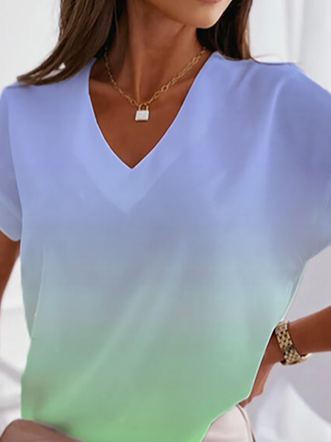 Plus size Casual V Neck Ombre Short Sleeve T-Shirt