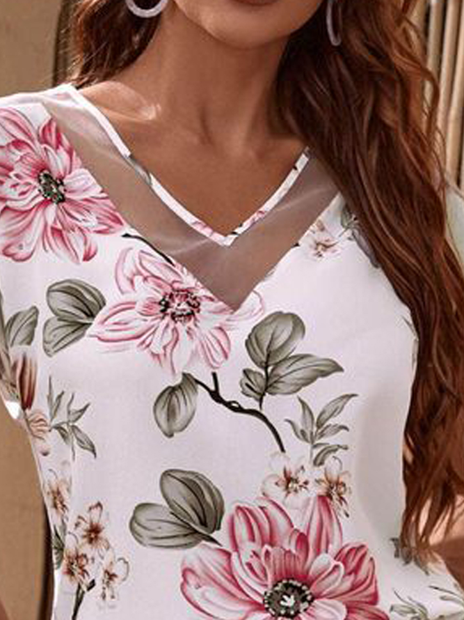 Floral Romantic V Neck Loosen Short Sleeve T-Shirt