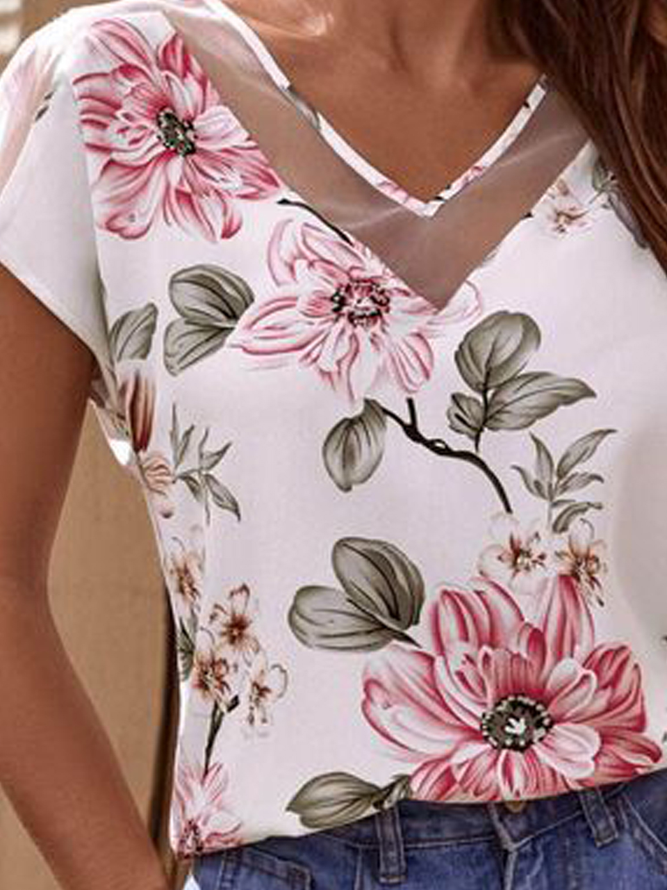Floral Romantic V Neck Loosen Short Sleeve T-Shirt