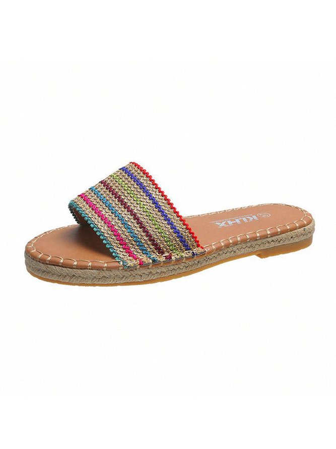Iridescent Woven Upper Straw-Sole Slippers