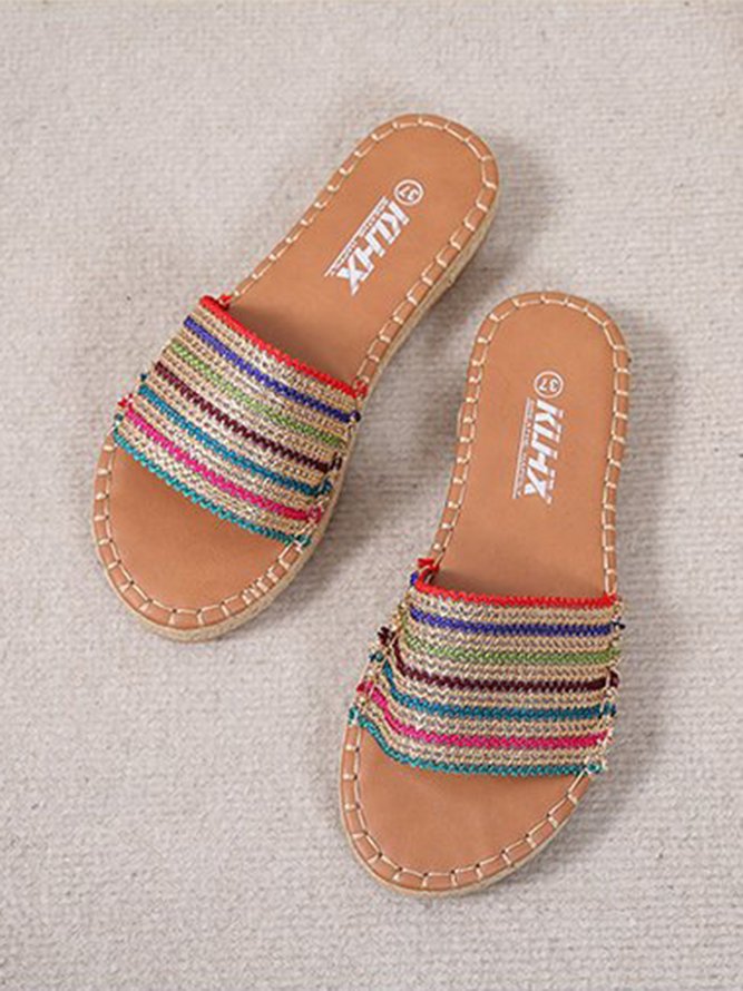 Iridescent Woven Upper Straw-Sole Slippers