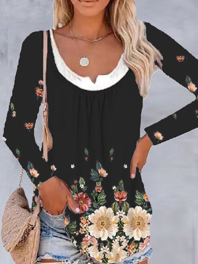 Floral Printed Romantic Ruched Loosen Tunic Shirts & Tops