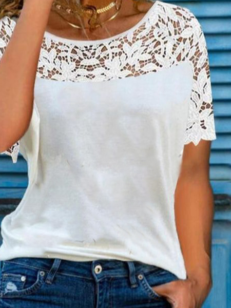 Solid Patchwork Lace Casual Loosen Crew Neck Short Sleeve T-Shirt