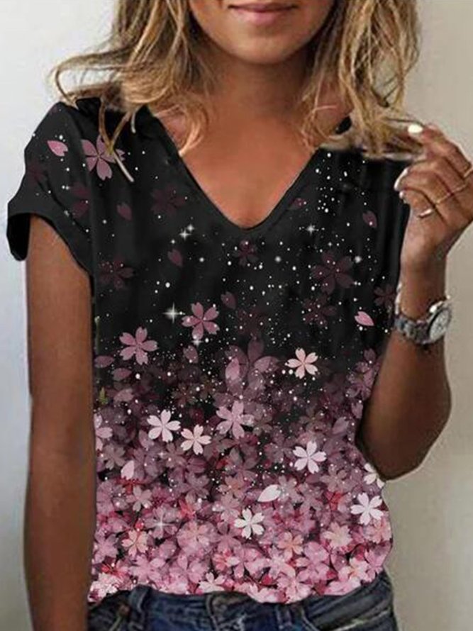Women's Floral Gradient V Neck Cotton Blend Black Short Sleeve Casual T-shirt