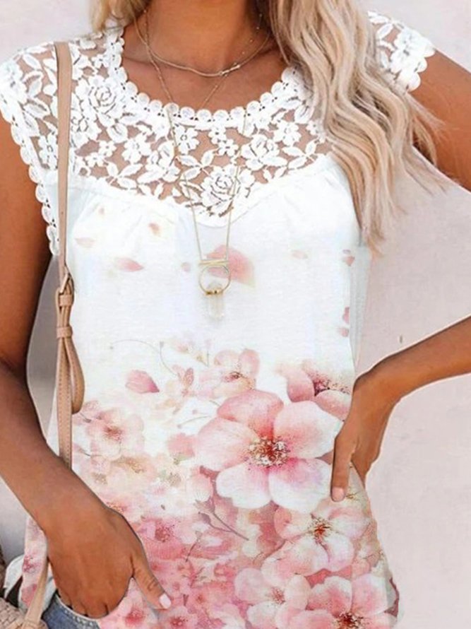 Cherry Blossoms Lace Round Neck Casual Sleeveless Loosen Tank Tops