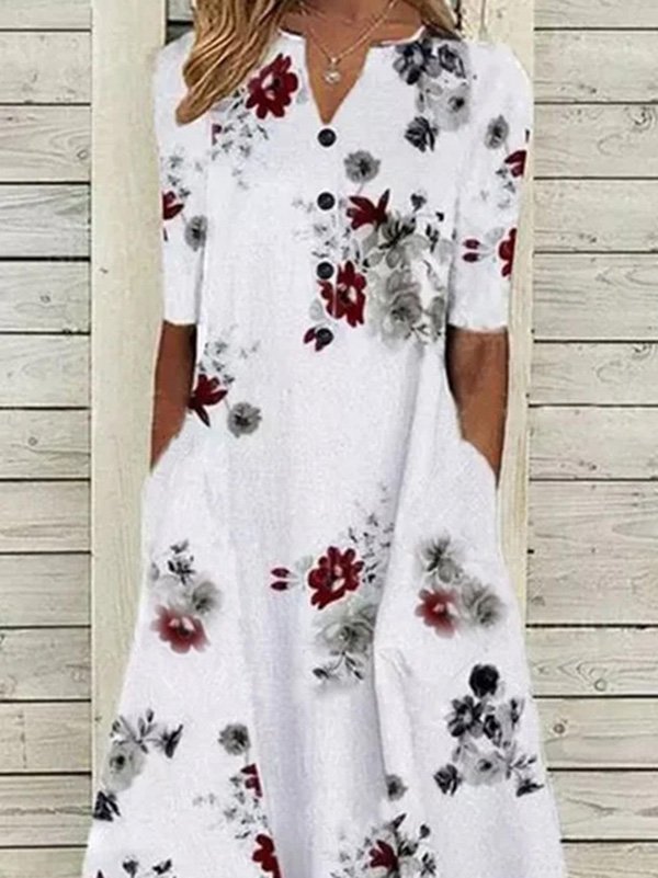 Floral Buttoned V Neck Short Sleeve Woven Dress