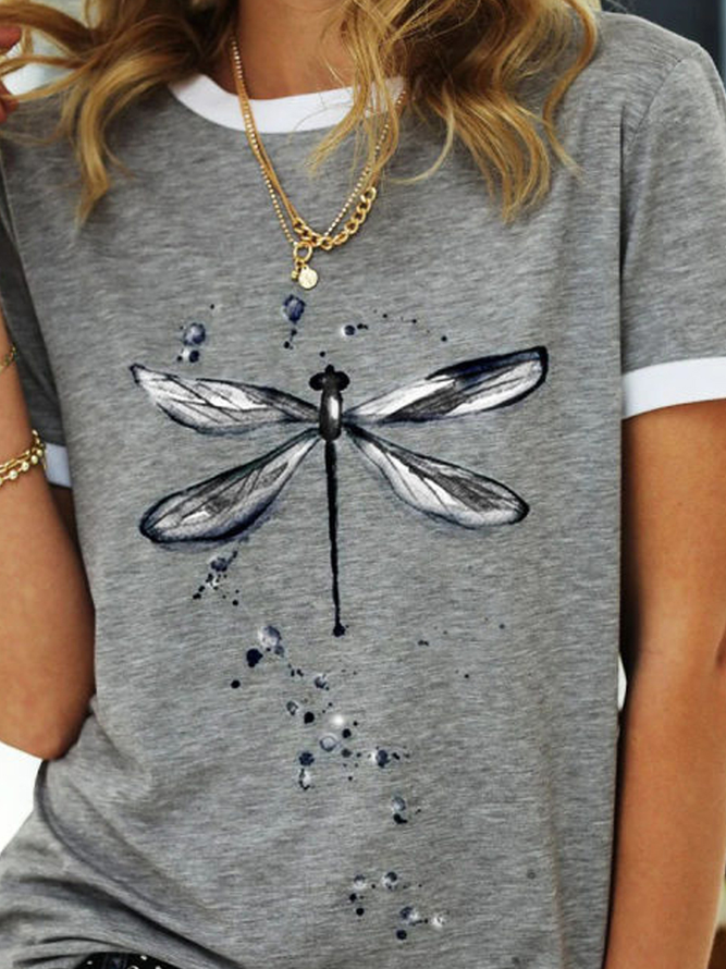 Dragonfly Printed Loosen Casual Crew Neck Short Sleeve T-shirt
