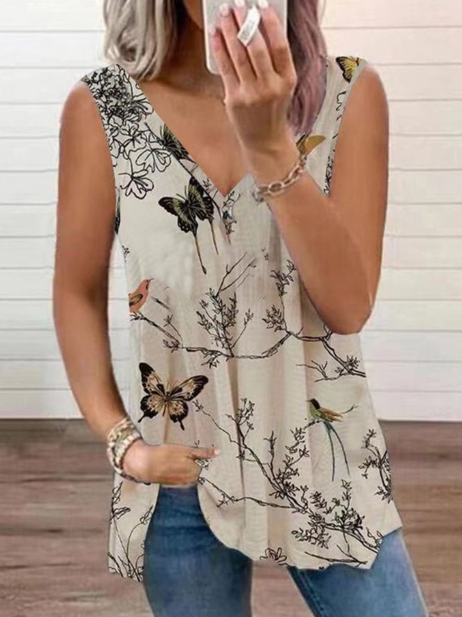 Butterfly Floral Printed Casual Loosen V Neck Knit Tank