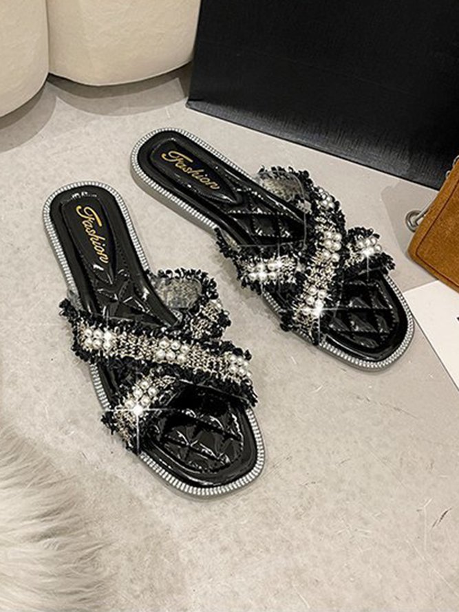 Ladies Plaid Tweed Pearl Trim Elegant Slippers