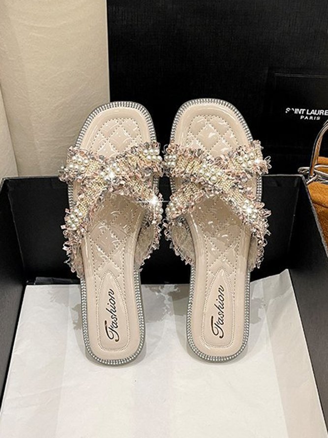 Ladies Plaid Tweed Pearl Trim Elegant Slippers