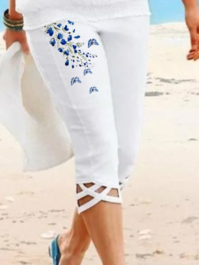 Vacation Floral Printed Regular Fit Pockets Cropped Pants