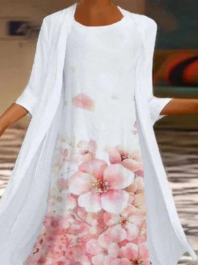 Floral Printed Round Neck Long Casual White Dresses-Two Piece Sets