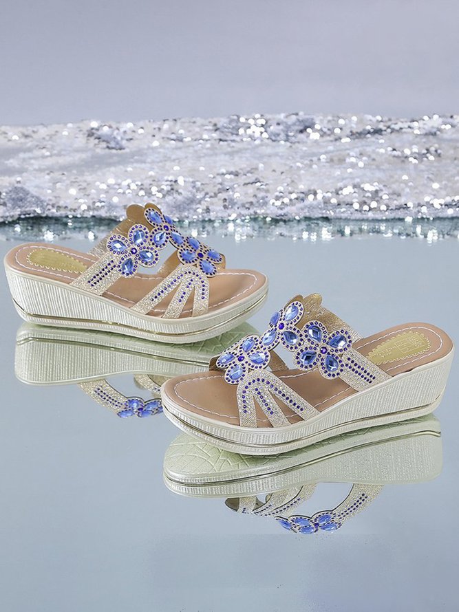 Rhinestone Floral Cutout Boho Wedge Sandals