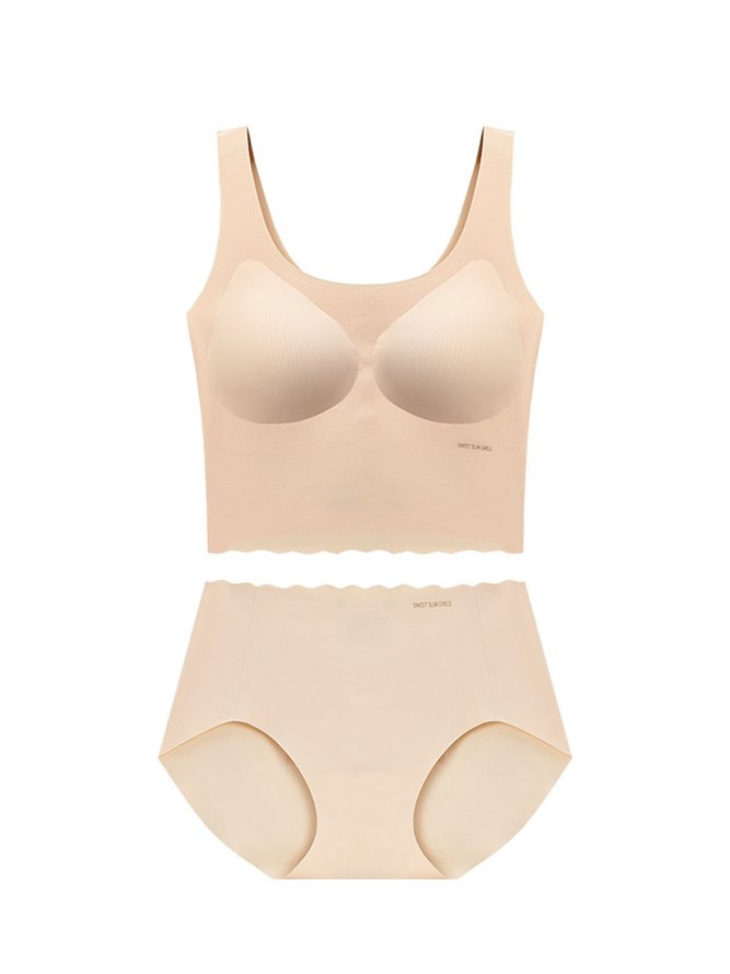 Ladies Nude Skin-Friendly Comfortable Vest Type Seamless Underwear Mid Waist Briefs Set