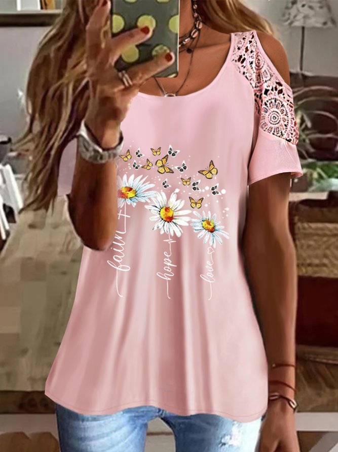 Floral Butterfly Printed Vacation Loosen Scoop Neckline Short Sleeve T-Shirt