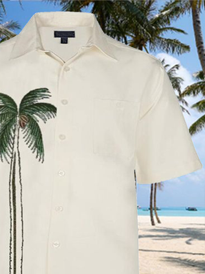 Cotton Linen Style Hawaiian Plant Leaves Coconut Tree Embroidered Linen Men's Short Sleeve Shirt