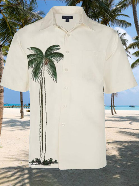 Cotton Linen Style Hawaiian Plant Leaves Coconut Tree Embroidered Linen Men's Short Sleeve Shirt